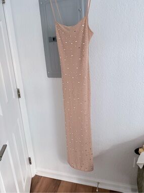 Spaghetti Strap Sequin Slip Dress in Nude